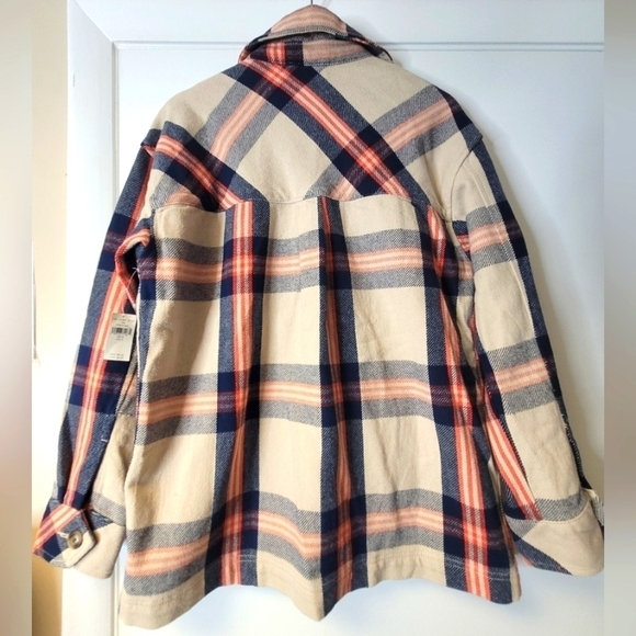 AERIE OFFLINE Flannel Button Down Jacket Shacket In Soft Oat Navy Orange Size XS - Picture 7 of 16